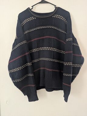 Bugle Boy Navy Crewneck Sweater with Maroon & Cream Accents